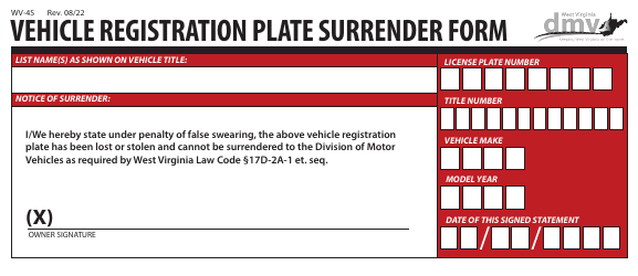 Document preview: Form WV-4S Vehicle Registration Plate Surrender Form - West Virginia