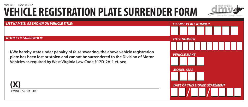 Form WV-4S Vehicle Registration Plate Surrender Form - West Virginia, Page 1