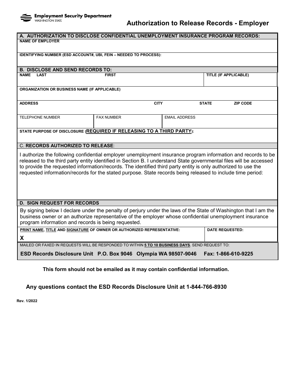 Authorization to Release Records - Employer - Washington, Page 1