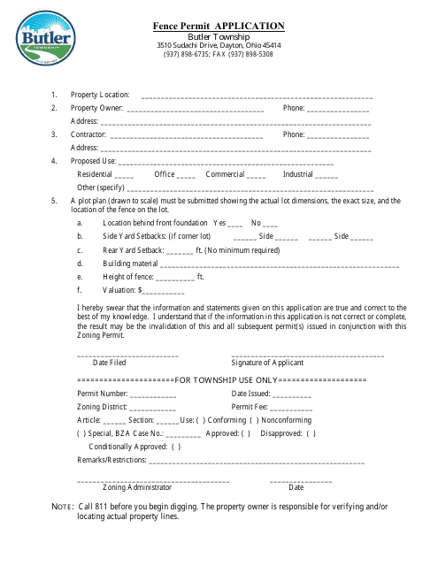 Fence Permit Application - Butler Township, Ohio Download Pdf
