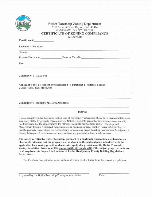 Certificate of Zoning Compliance - Butler Township, Ohio Download Pdf