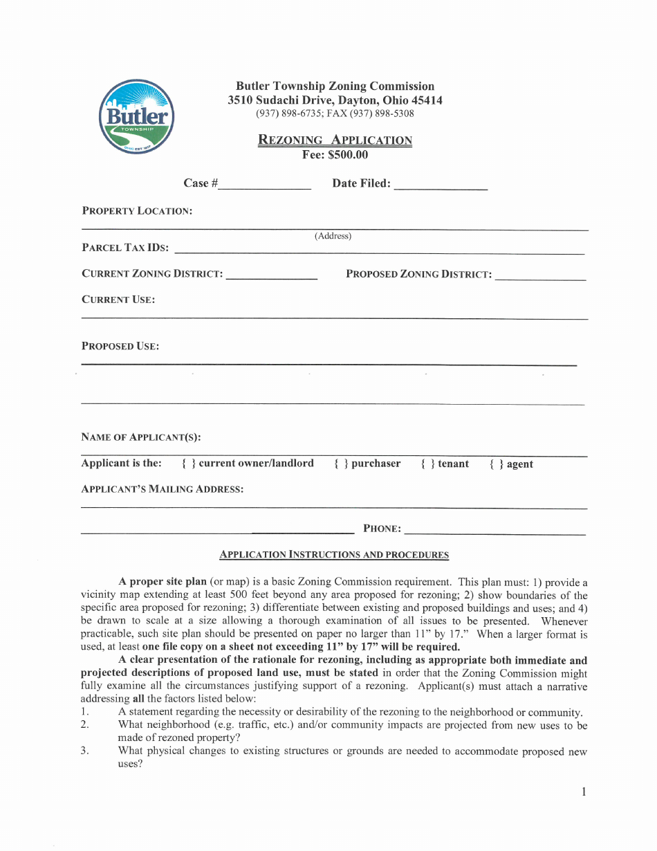 Butler Township, Ohio Rezoning Application Fill Out, Sign Online and