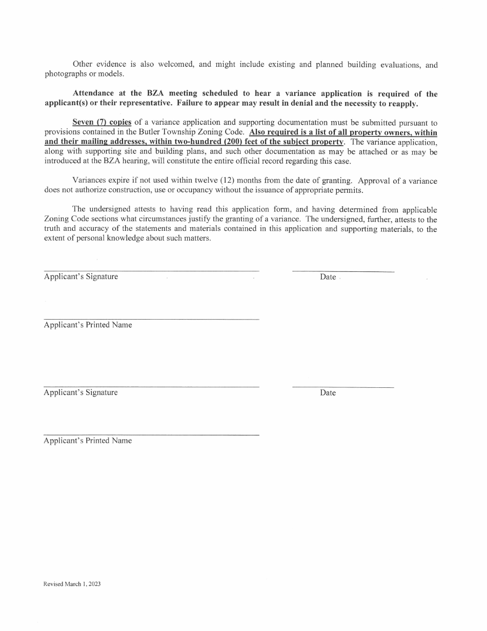 Butler Township, Ohio Zoning Variance Application - Fill Out, Sign ...