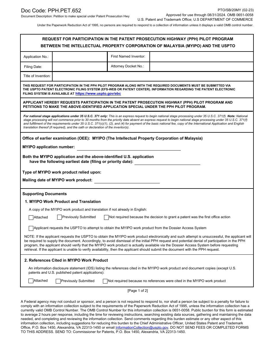 Form PTO / SB / 20MY Request for Participation in the Patent Prosecution Highway (Pph) Pilot Program Between the Intellectual Property Corporation of Malaysia (Myipo) and the Uspto, Page 1