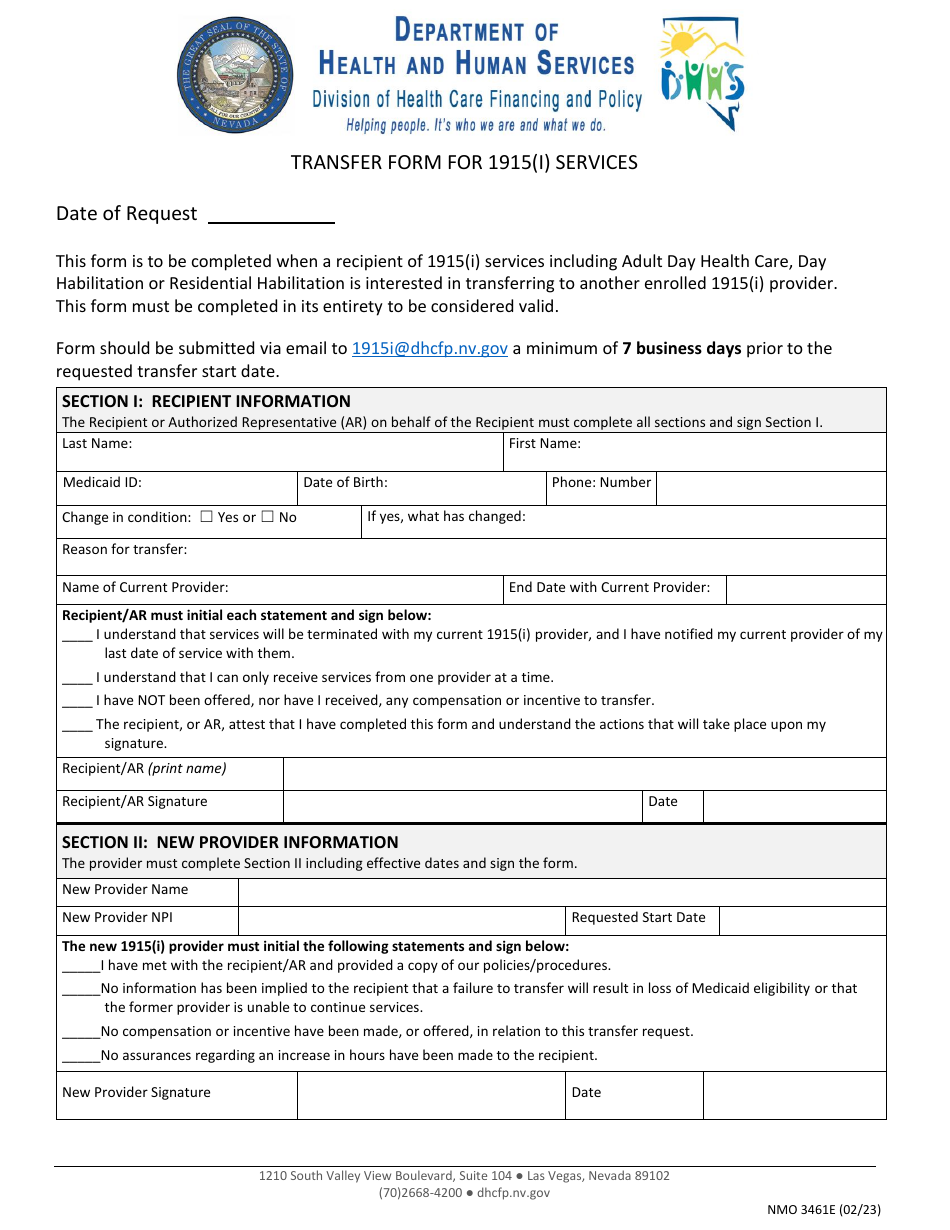 Form NMO3461E Transfer Form for 1915(I) Services - Nevada, Page 1