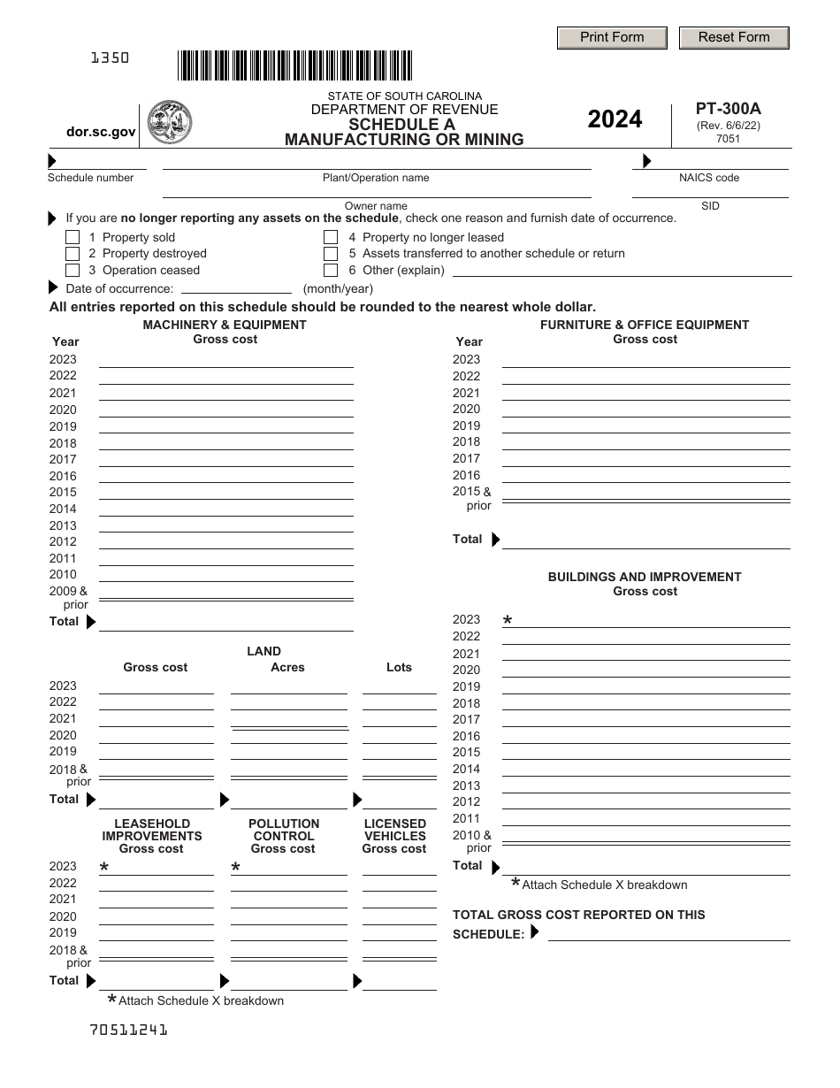 Form PT-300 Schedule A Manufacturing or Mining - South Carolina, Page 1