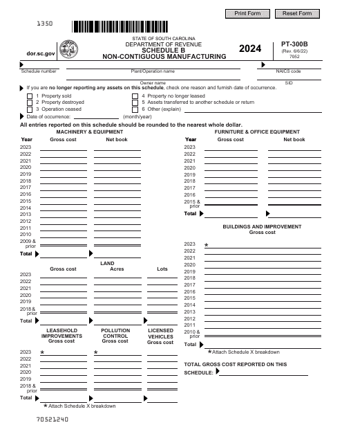 Form PT-300 Schedule B Non-contiguous Manufacturing - South Carolina, 2024