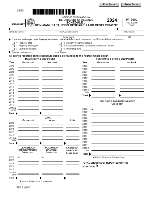 Form PT-300 Schedule J Non-manufacturing Research and Development - South Carolina, 2024