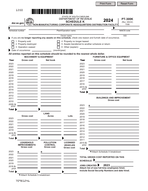 Form PT-300 Schedule K Non-manufacturing Corporate Headquarters Distribution Facility - South Carolina, 2024