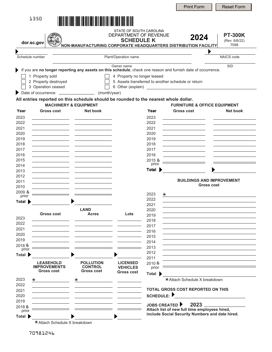 Form PT-300 Schedule K Non-manufacturing Corporate Headquarters Distribution Facility - South Carolina, Page 1