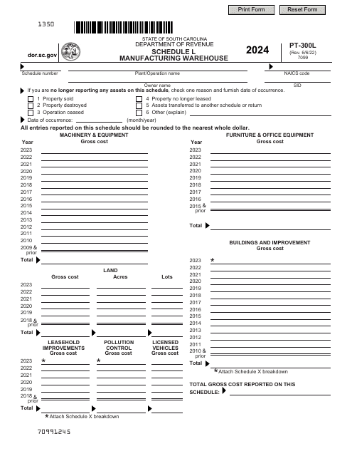 Form PT-300 Schedule L Manufacturing Warehouse - South Carolina, 2024
