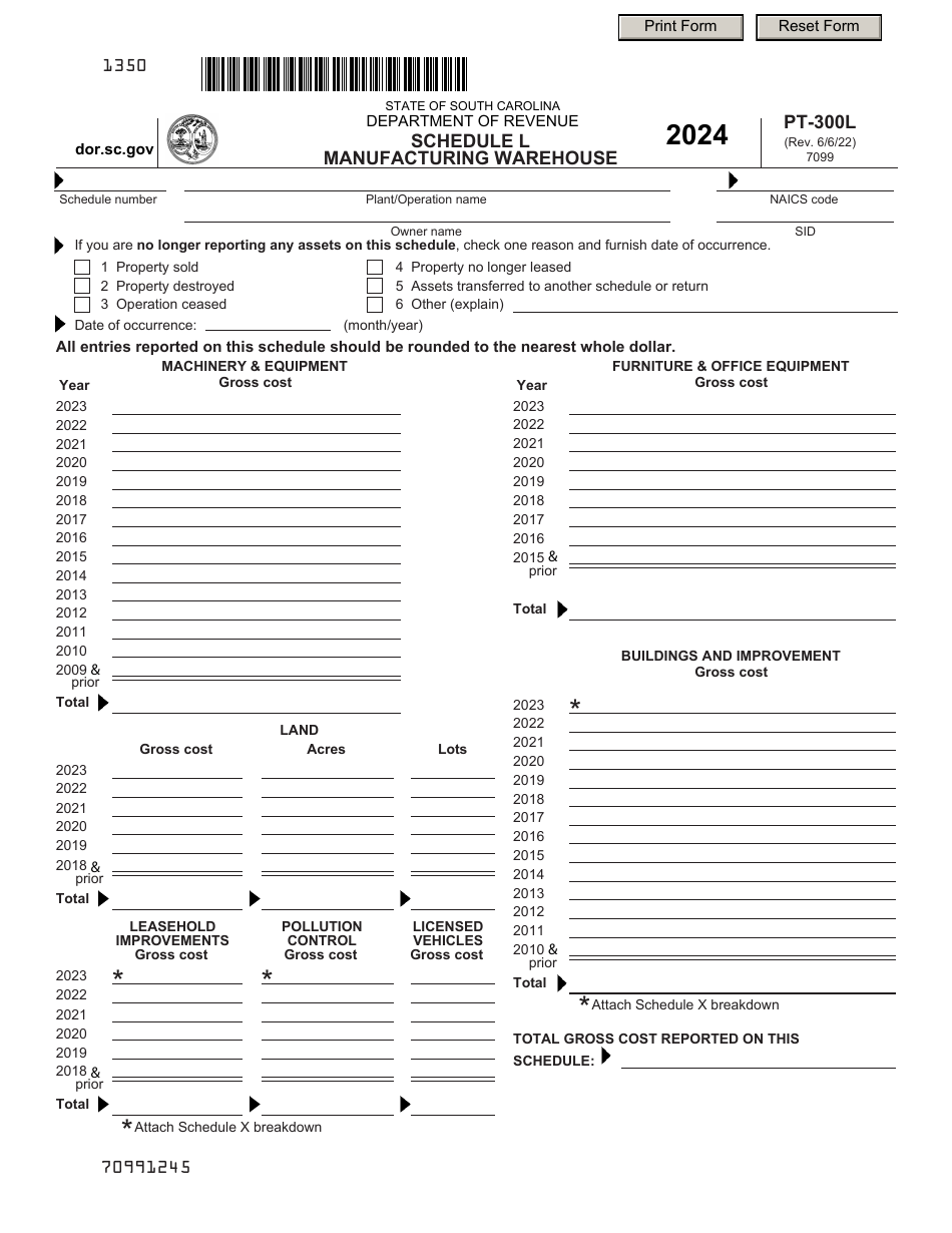 Form PT-300 Schedule L Manufacturing Warehouse - South Carolina, Page 1