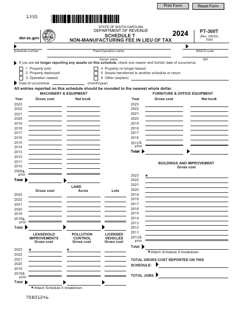 Form PT-300 Schedule T Non-manufacturing Fee in Lieu of Tax - South Carolina, 2024