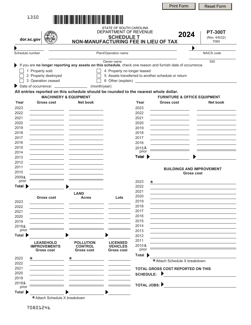Form PT-300 Schedule T Non-manufacturing Fee in Lieu of Tax - South Carolina, Page 1