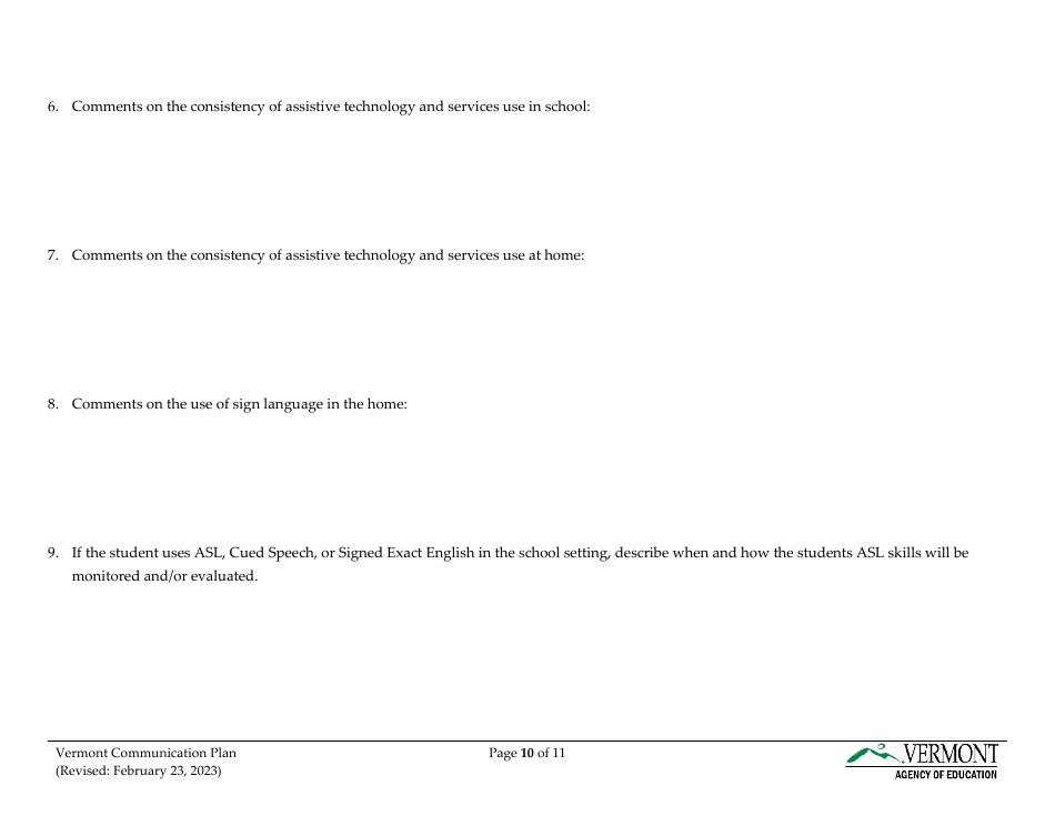 Vermont Communication Plan for Students Who Are Deaf, Hard of Hearing, or Deafblind - Vermont, Page 10