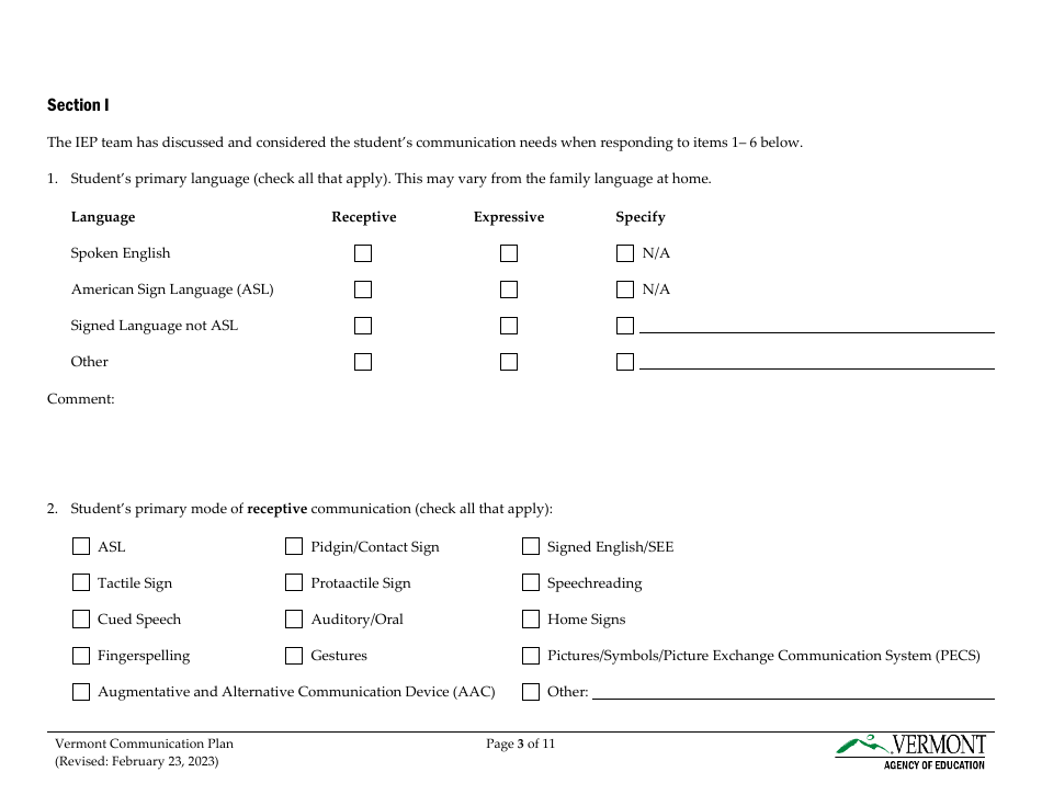 Vermont Communication Plan for Students Who Are Deaf, Hard of Hearing, or Deafblind - Vermont, Page 3