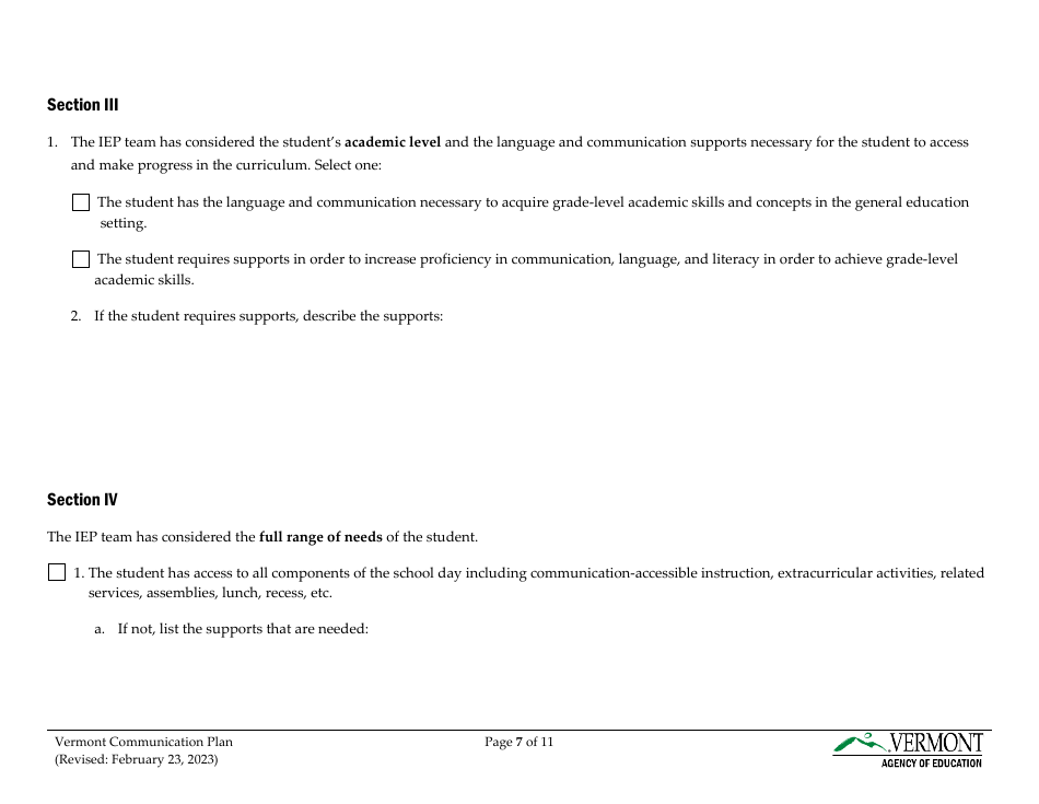Vermont Communication Plan for Students Who Are Deaf, Hard of Hearing, or Deafblind - Vermont, Page 7