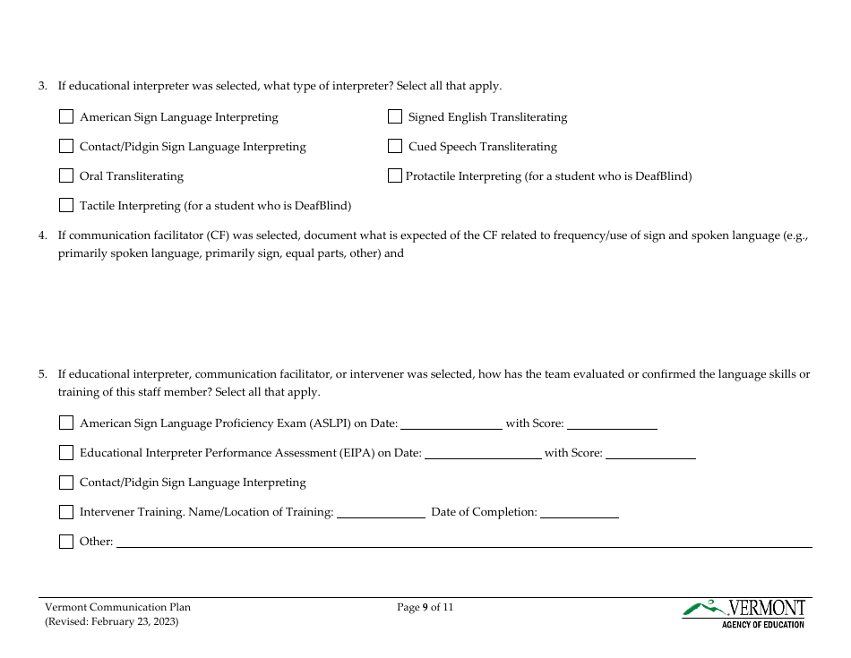 Vermont Communication Plan for Students Who Are Deaf, Hard of Hearing, or Deafblind - Vermont, Page 9