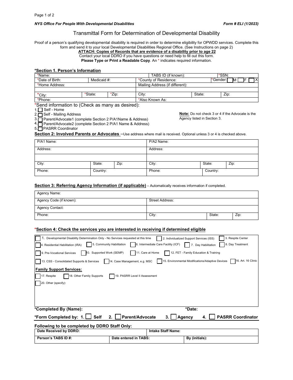 Form ELI Transmittal Form for Determination of Developmental Disability - New York, Page 1