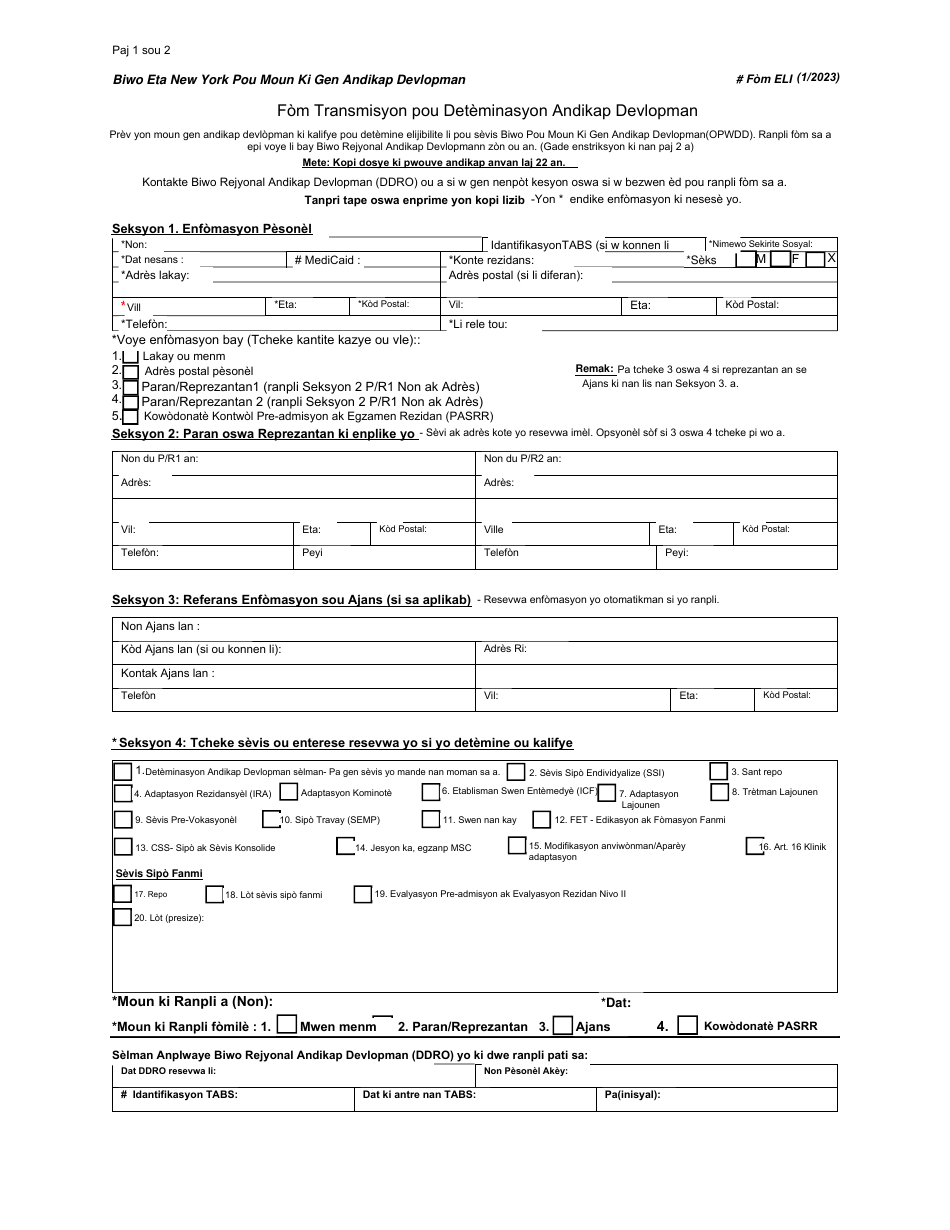 Form ELI Transmittal Form for Determination of Developmental Disability - New York (Haitian Creole), Page 1