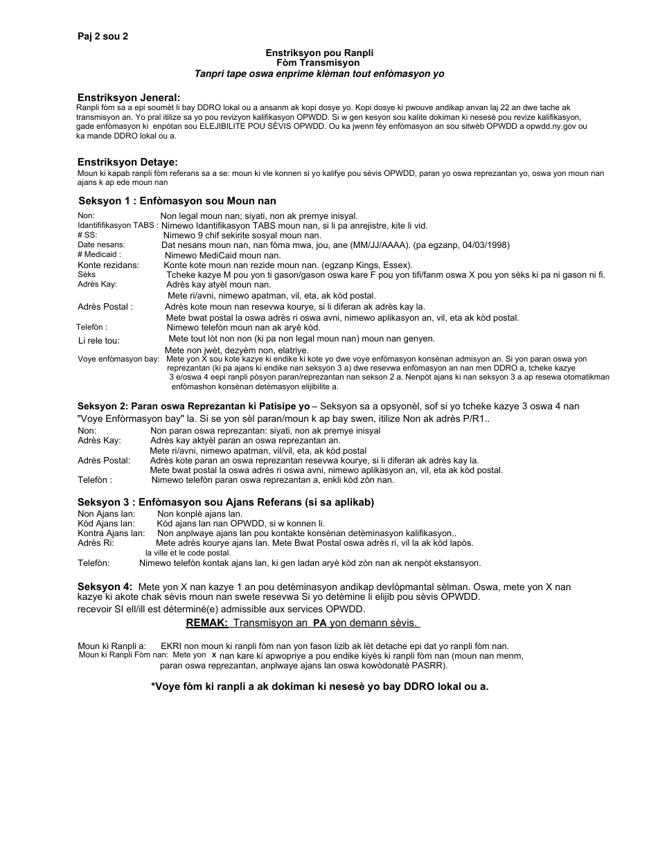 Form ELI Transmittal Form for Determination of Developmental Disability - New York (Haitian Creole), Page 2