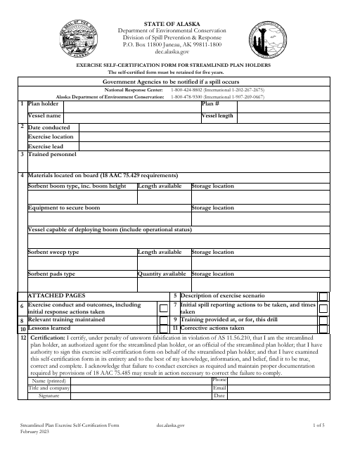 Exercise Self-certification Form for Streamlined Plan Holders - Alaska Download Pdf