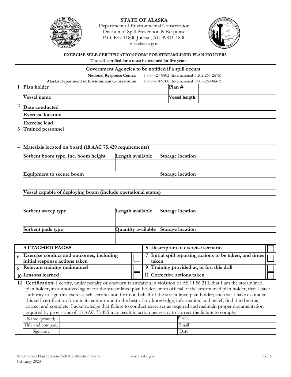 Exercise Self-certification Form for Streamlined Plan Holders - Alaska, Page 1