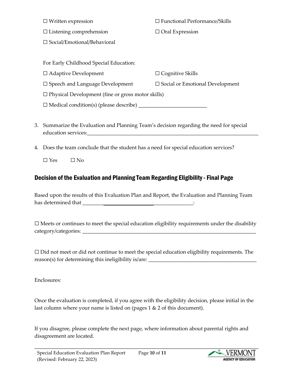 Form 2 Special Education Evaluation Plan and Report - Vermont, Page 10