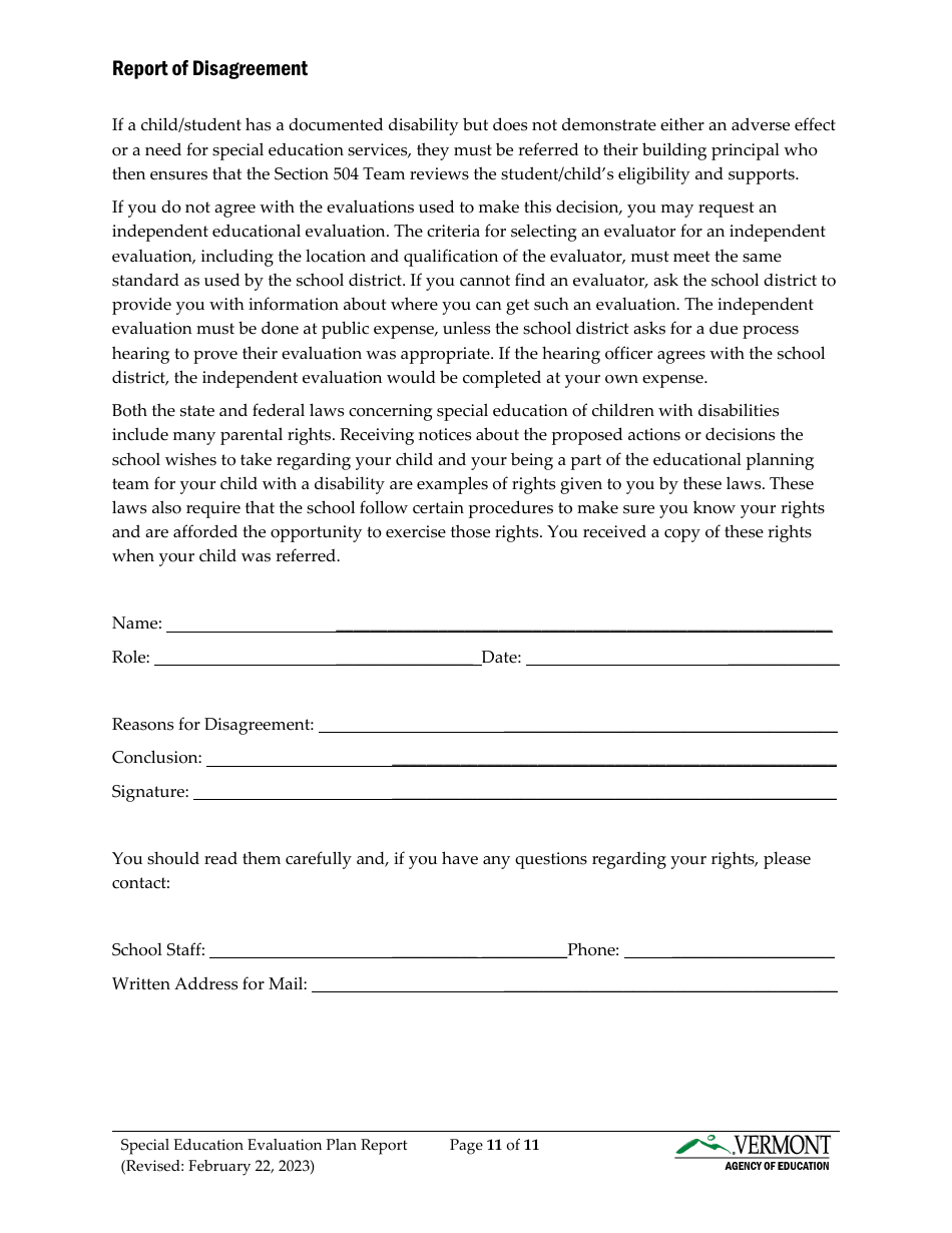 Form 2 Special Education Evaluation Plan and Report - Vermont, Page 11