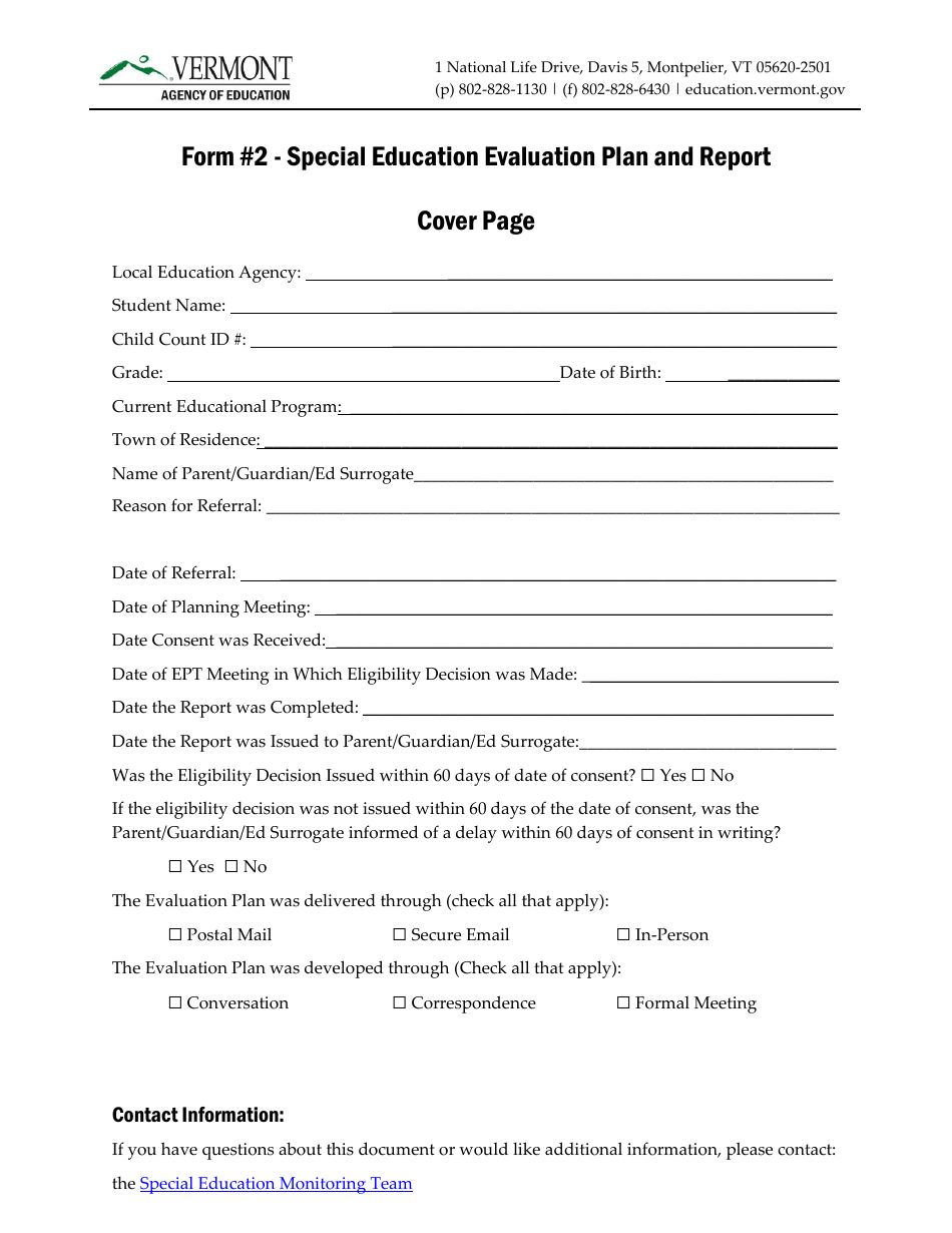 Form 2 Special Education Evaluation Plan and Report - Vermont, Page 1