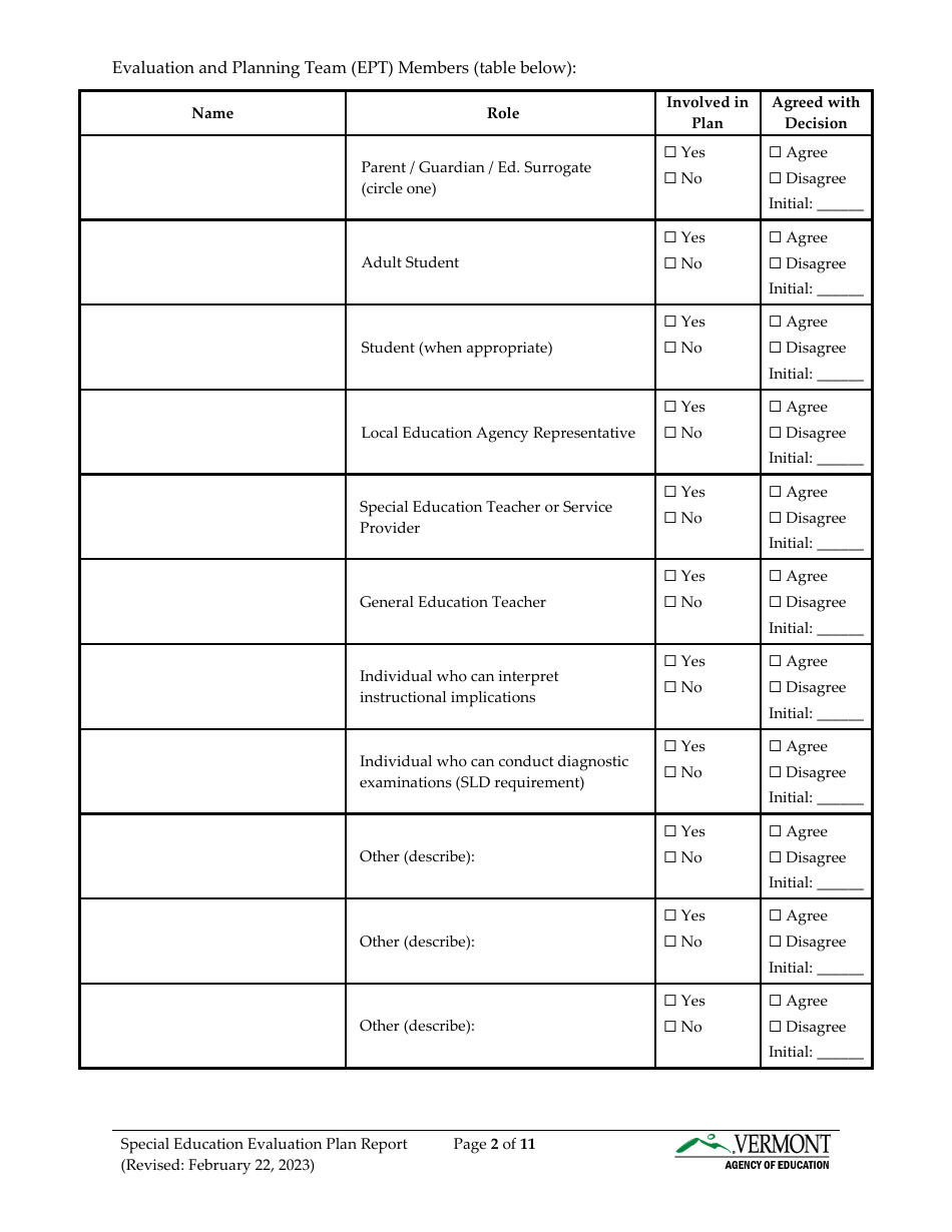Form 2 Special Education Evaluation Plan and Report - Vermont, Page 2