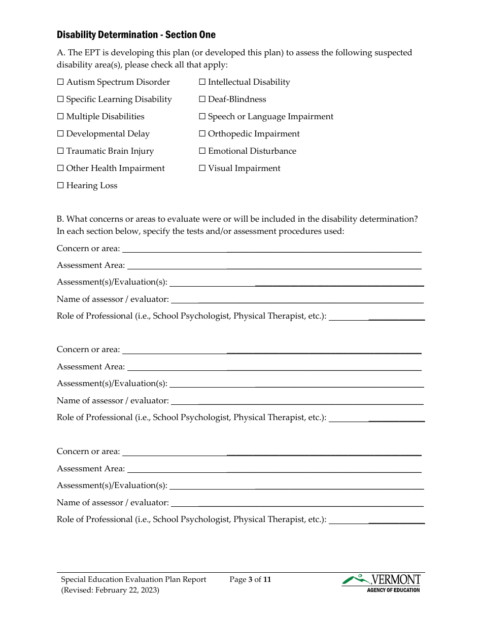 Form 2 Special Education Evaluation Plan and Report - Vermont, Page 3