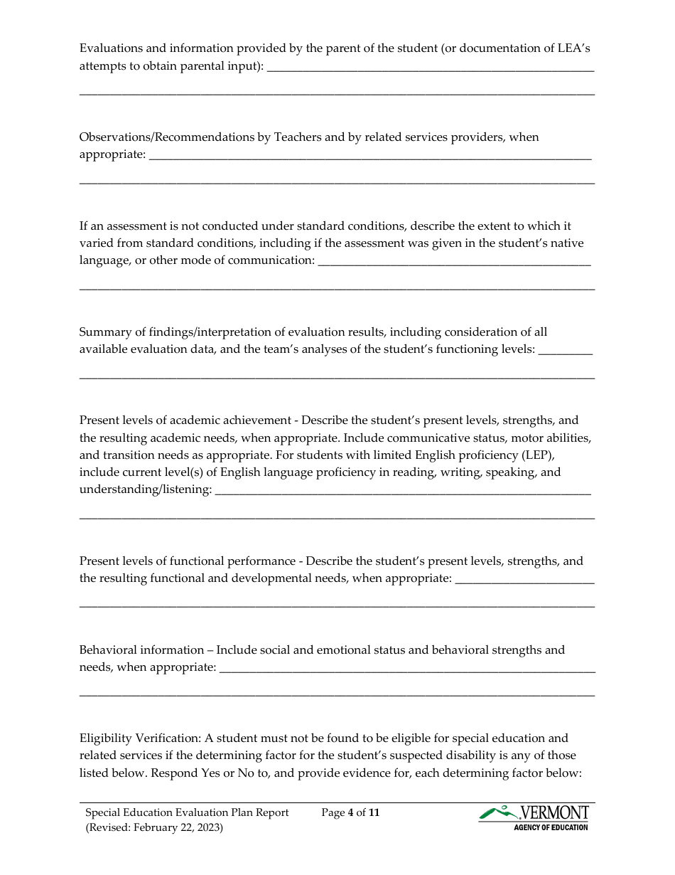 Form 2 Special Education Evaluation Plan and Report - Vermont, Page 4