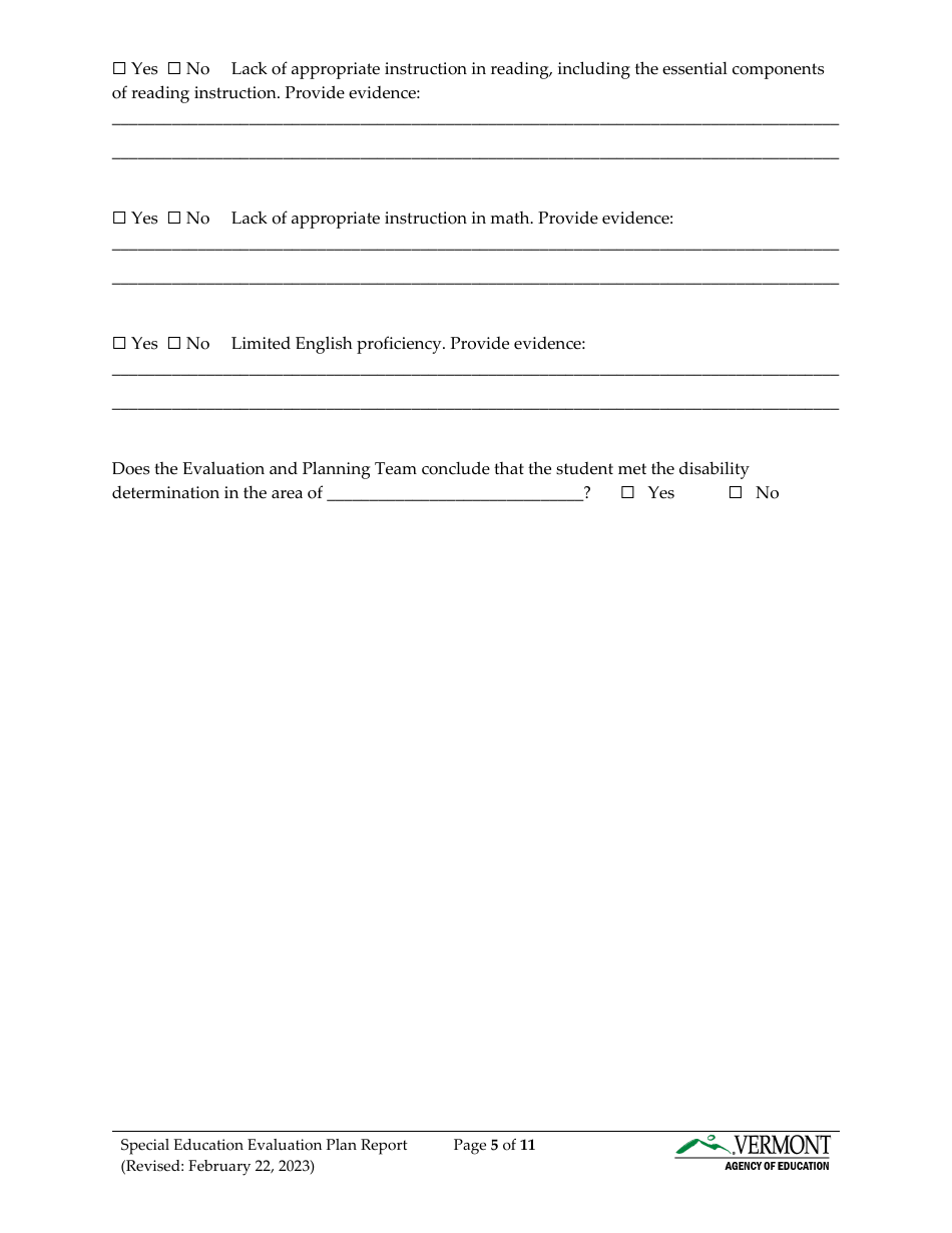 Form 2 Special Education Evaluation Plan and Report - Vermont, Page 5