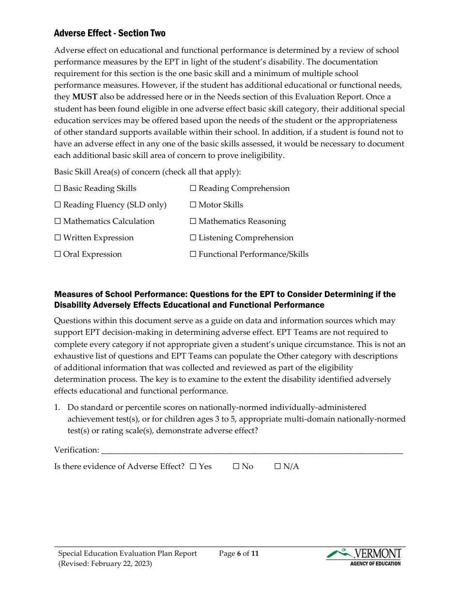 Form 2 Special Education Evaluation Plan and Report - Vermont, Page 6