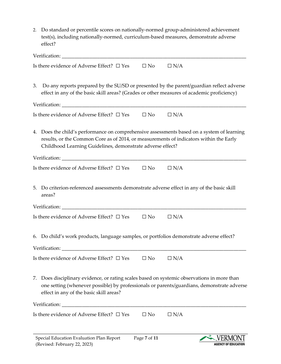 Form 2 Special Education Evaluation Plan and Report - Vermont, Page 7