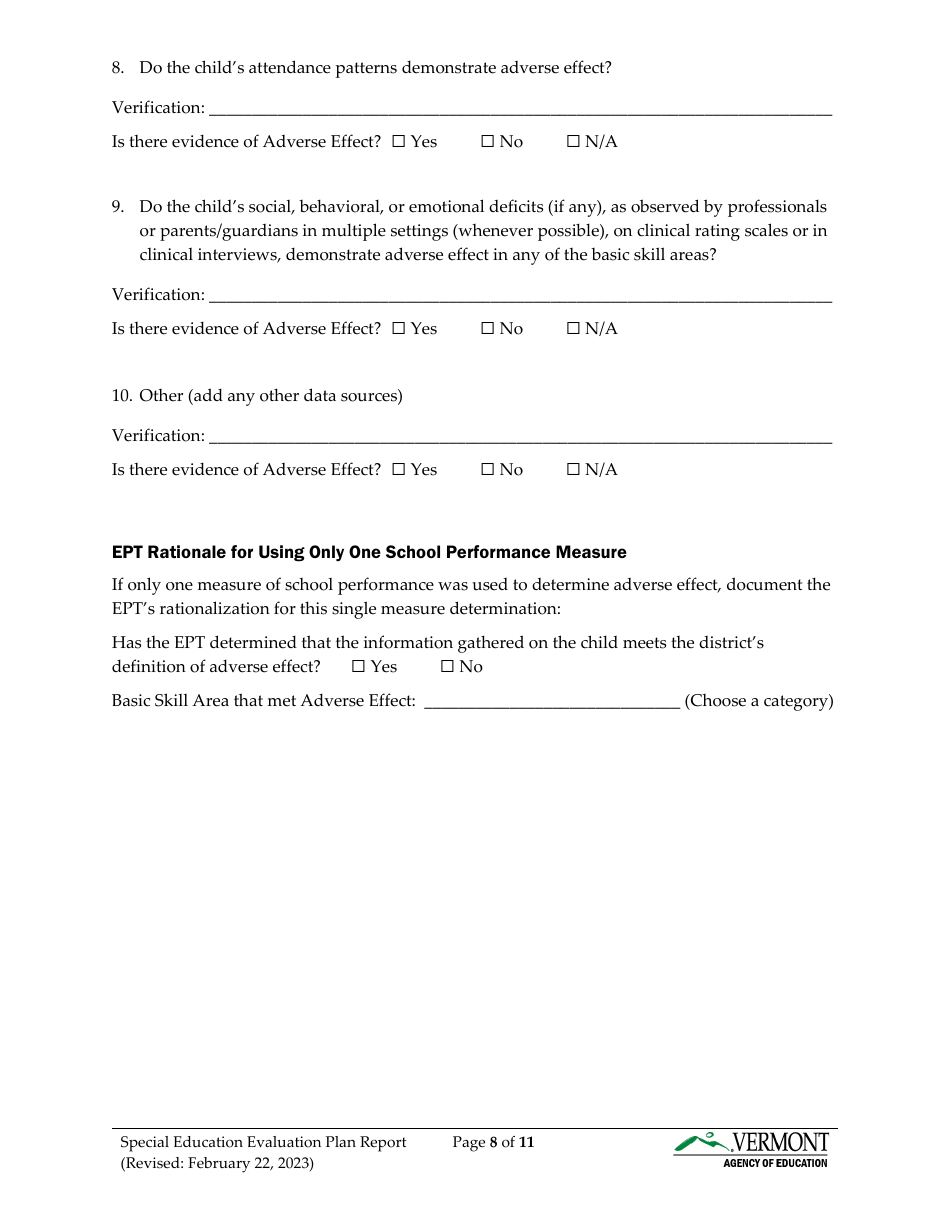Form 2 Special Education Evaluation Plan and Report - Vermont, Page 8
