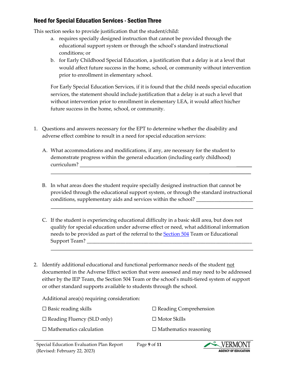 Form 2 Special Education Evaluation Plan and Report - Vermont, Page 9