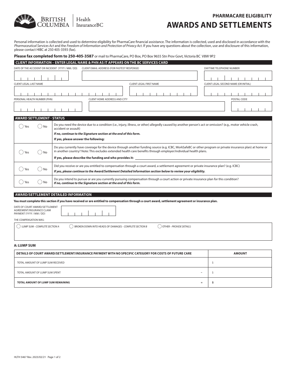 Form HLTH5467 Pharmacare Eligibility Awards and Settlements - British Columbia, Canada, Page 1