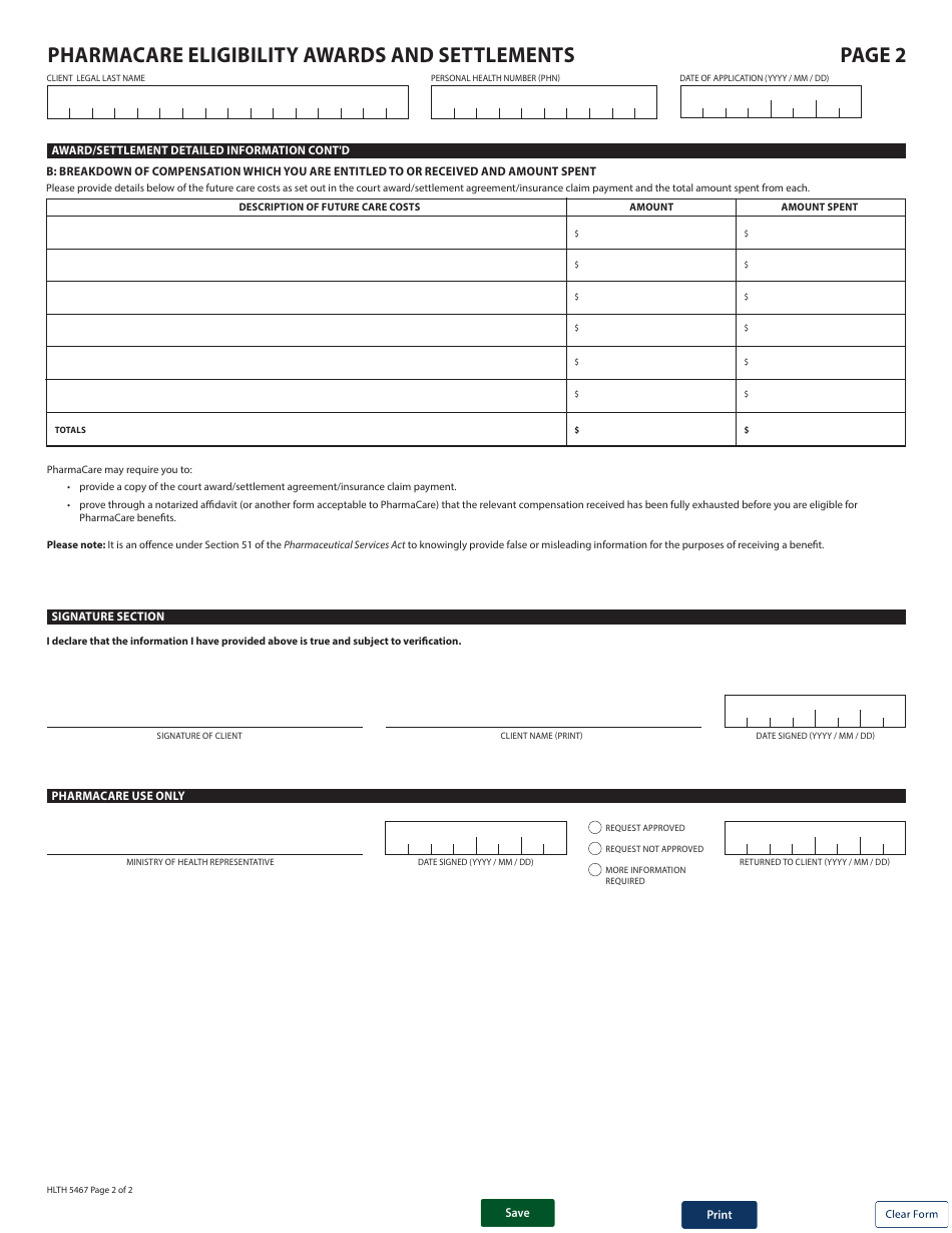 Form HLTH5467 Pharmacare Eligibility Awards and Settlements - British Columbia, Canada, Page 2