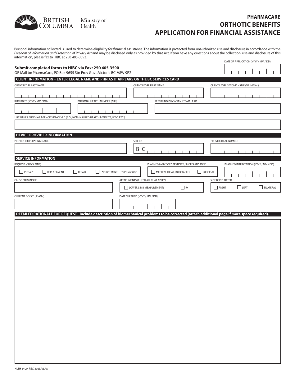 Form HLTH5400 Pharmacare Orthotic Benefits Application for Financial Assistance - British Columbia, Canada, Page 1