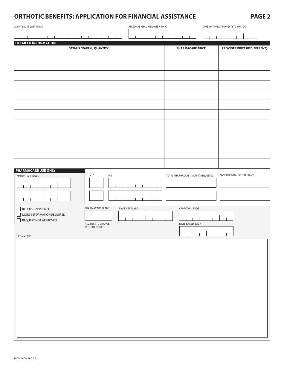 Form HLTH5400 Pharmacare Orthotic Benefits Application for Financial Assistance - British Columbia, Canada, Page 2