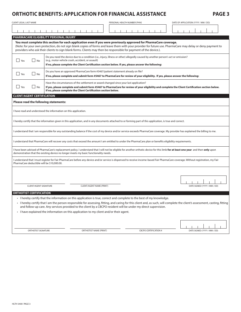 Form HLTH5400 Pharmacare Orthotic Benefits Application for Financial Assistance - British Columbia, Canada, Page 3
