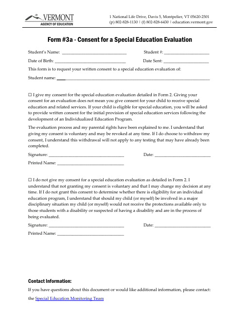 Form 3A Consent for a Special Education Evaluation - Vermont