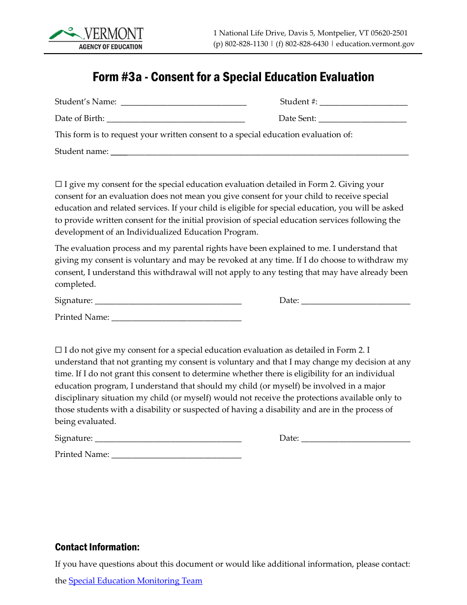 Form 3A Consent for a Special Education Evaluation - Vermont, Page 1