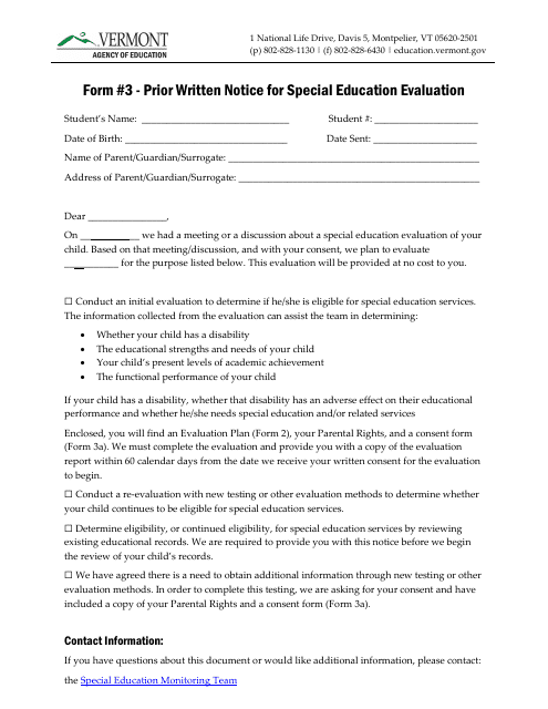 Form 3 Prior Written Notice for Special Education Evaluation - Vermont