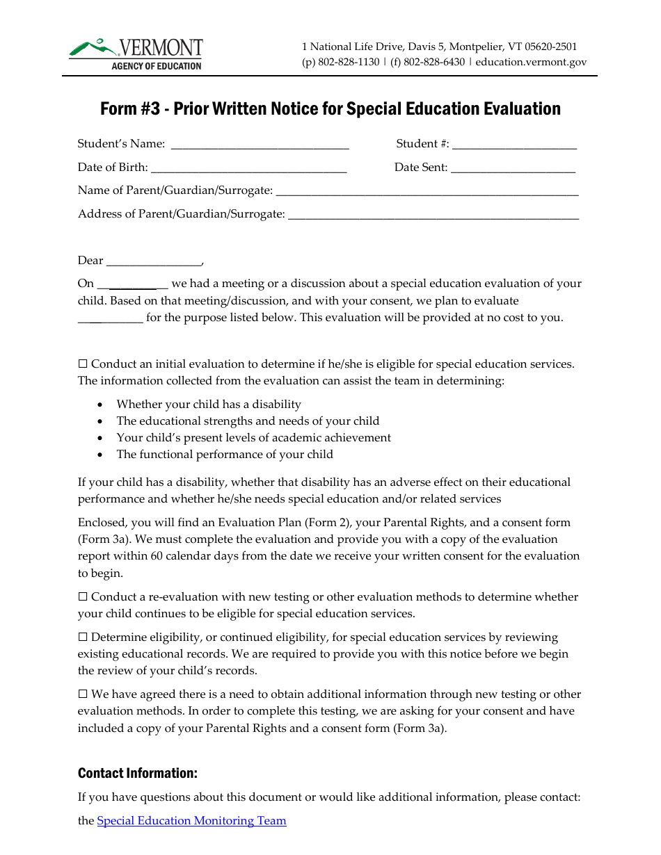 Form 3 Prior Written Notice for Special Education Evaluation - Vermont, Page 1