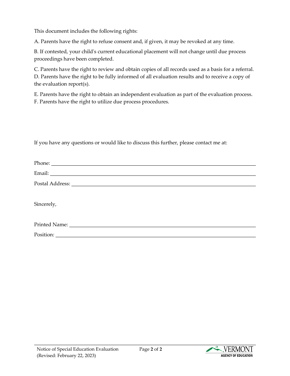 Form 3 Prior Written Notice for Special Education Evaluation - Vermont, Page 2
