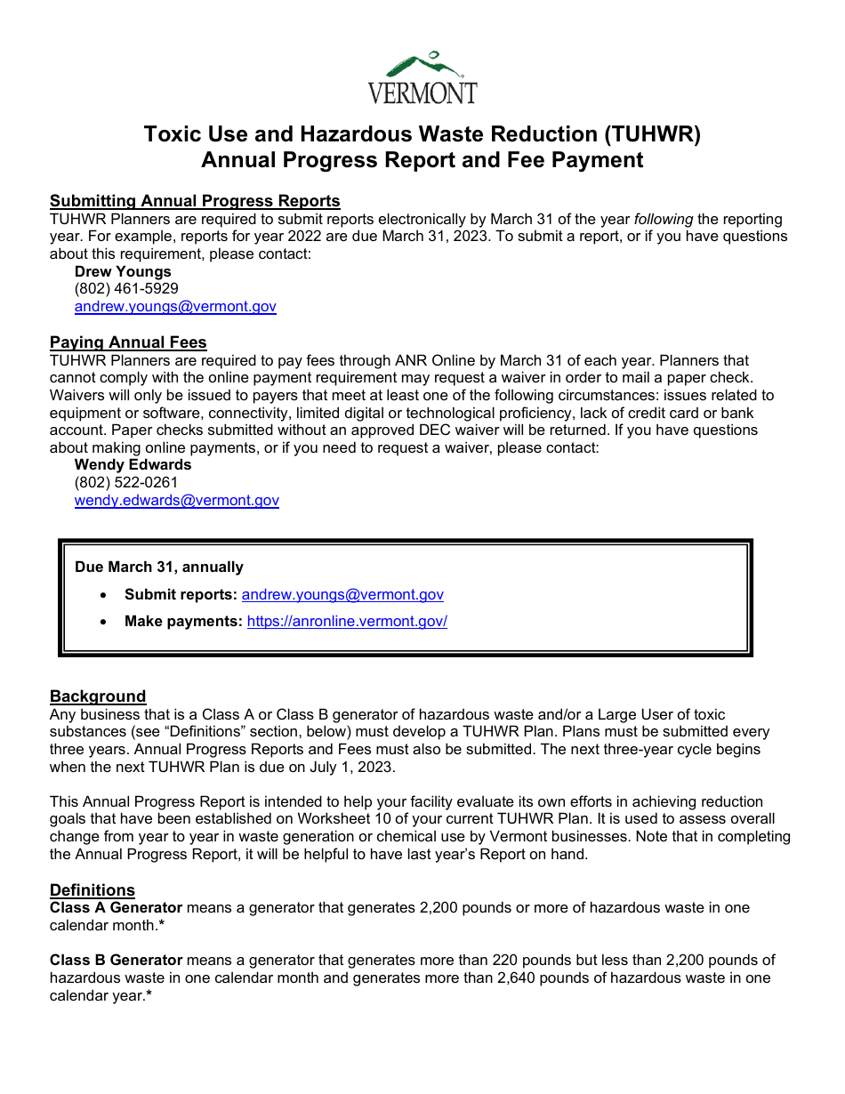 Vermont Toxic Use and Hazardous Waste Reduction (Tuhwr) Annual Progress Report Fill Out, Sign