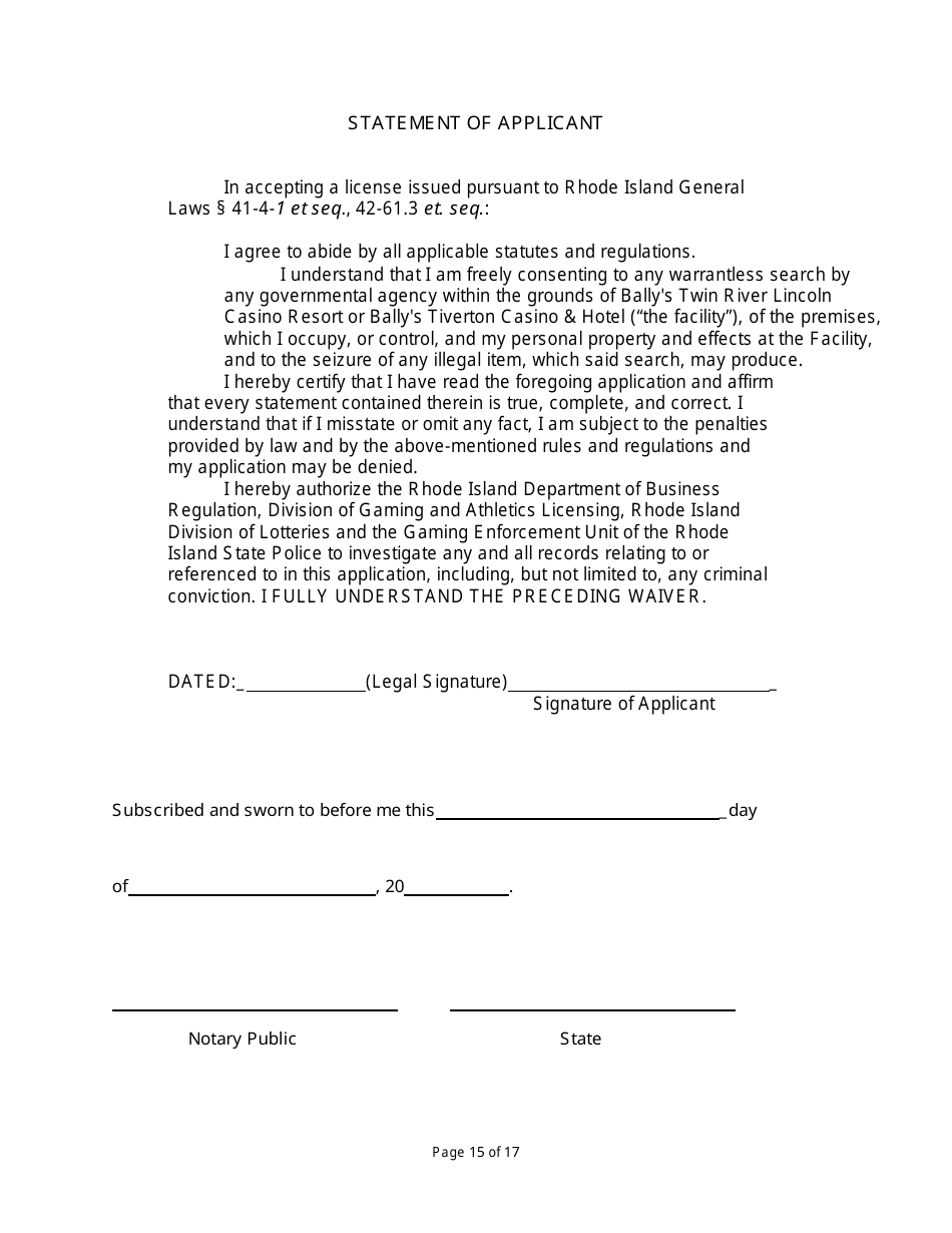 Non-facility / Vendor Gaming Employees License Application - Rhode Island, Page 15